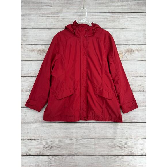 L.L. Bean Hooded Flannel Liner Rain Jacket Womens XL Petite Red Removable Hood - Picture 1 of 12